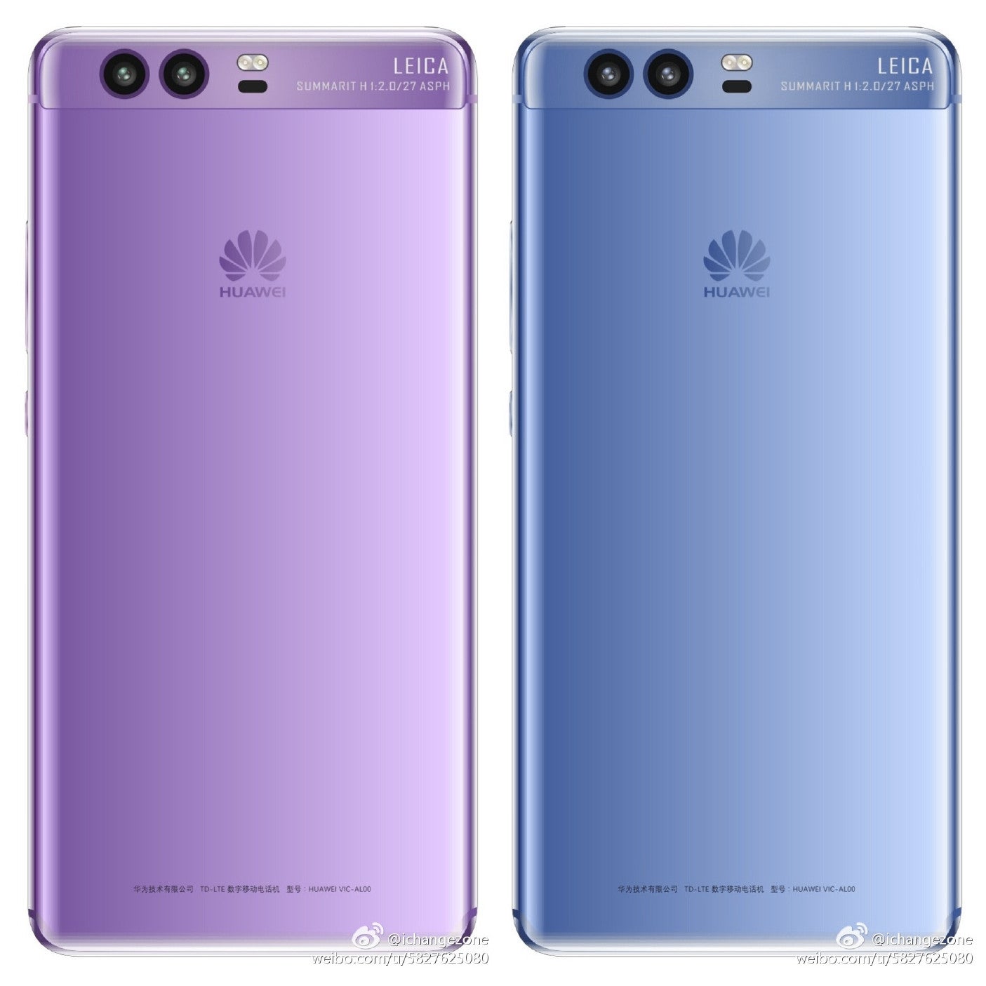 Left &ndash; earlier render of a Purple P10; right &ndash; rough approximation of a Blue colored P10, based on Huawei's official teaser - Huawei teases P10 colors: It isn't purple, it's blue