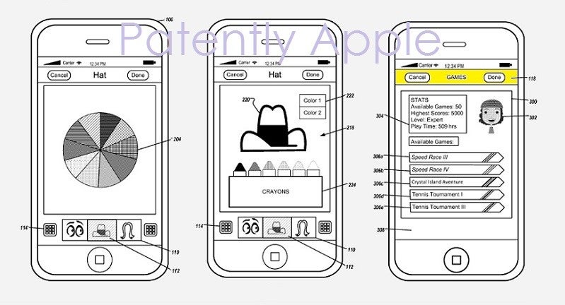 Example interfaces showing player stats and accessory customization screens - Apple secures patent for curious avatar creation tool