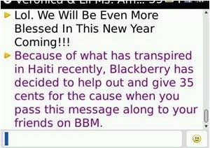 RIM says BlackBerry Messenger &quot;Help Haiti&quot; message is false