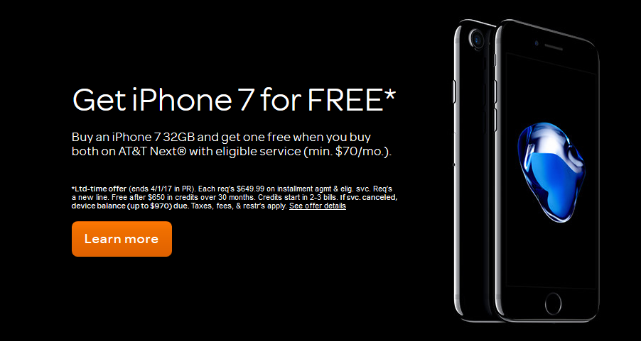 The Apple iPhone 7 is one of the flagship handsets available for free with AT&T's new BOGO - AT&T BOGO deal includes the Apple iPhone 7, LG G5 and Samsung Galaxy S7