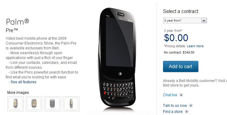 Palm Pre now free at Bell in return for your signature on a three year contract