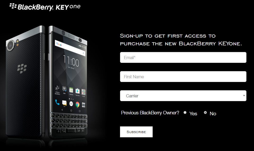 Register with BlackBerry in the U.S. or Canada for access to the KEYone - BlackBerry KEYone registration page goes live in the U.S. and Canada