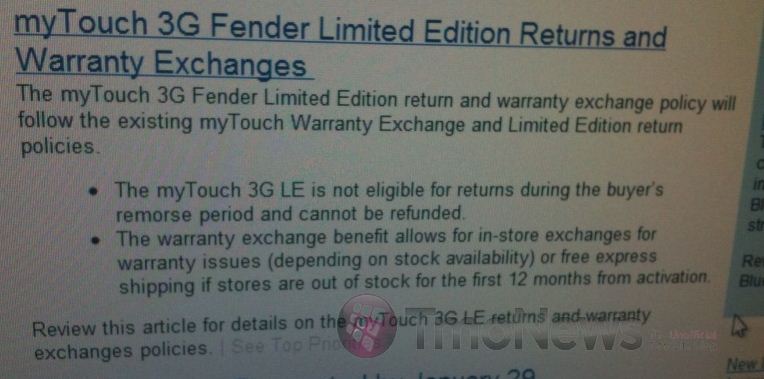 T-Mobile says no returns on myTouch 3G Fender Limited Edition