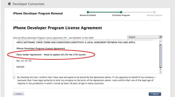 Updated iPhone developer&#039;s agreement has placeholder with reference to January 27th launch