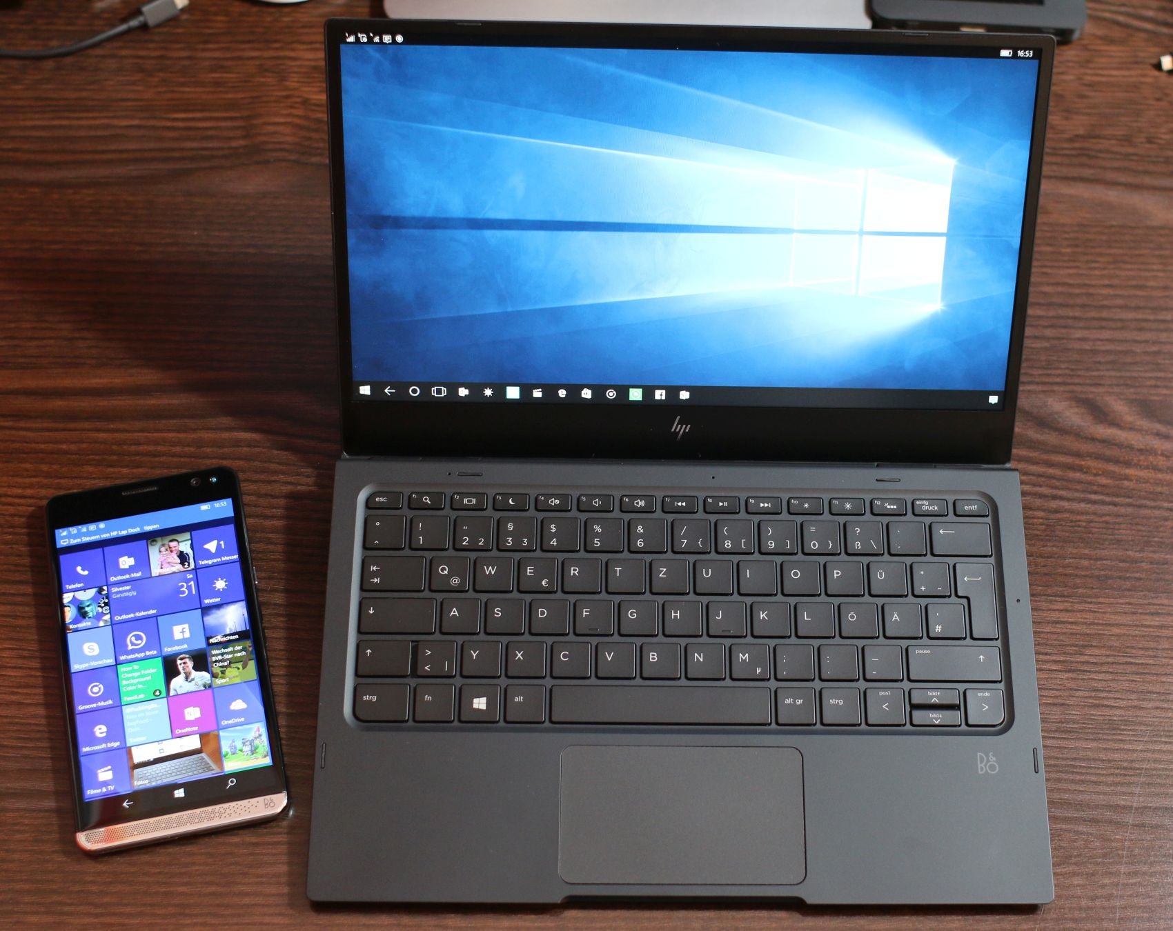 The HP Elite x3 at left with the current version of the Lap Dock at right - New Lap Dock for the HP Elite x3 sequel made an unassuming appearance at MWC
