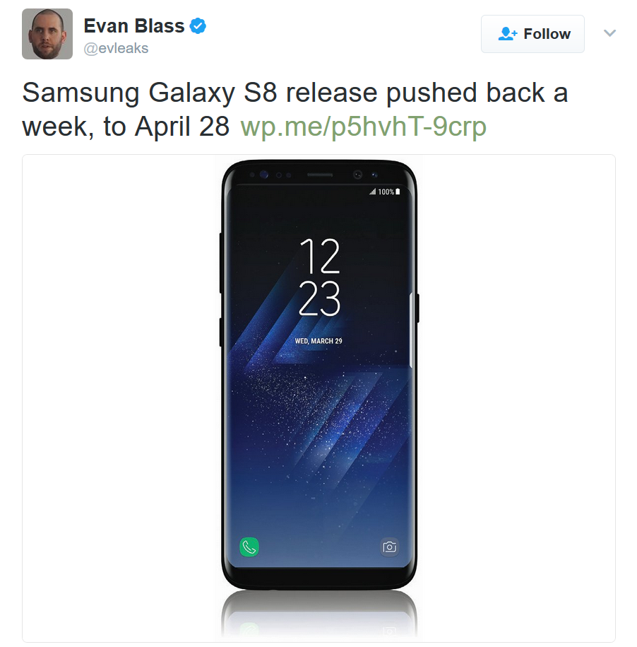 New rumored launch date for the Samsung Galaxy S8 is April 28th - Report: Samsung Galaxy S8 release pushed back one week to April 28th (UPDATE)