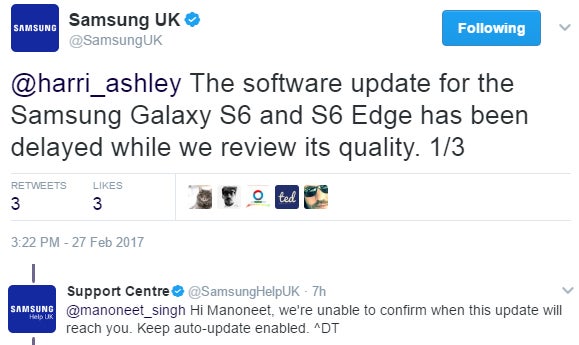 Samsung delays the Android 7 Nougat update for Galaxy S6 and S6 edge