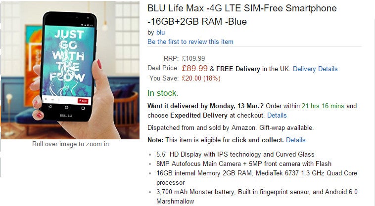 Deal: Blu Life Max on sale at Amazon for under £100, offers strong battery life and decent specs