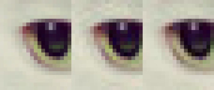 A crop of a cat’s eye. From left to right – original, libjpeg, Guetzli - Google's JPEG encoder reduces image size by 35%, could help you save mobile data in the future