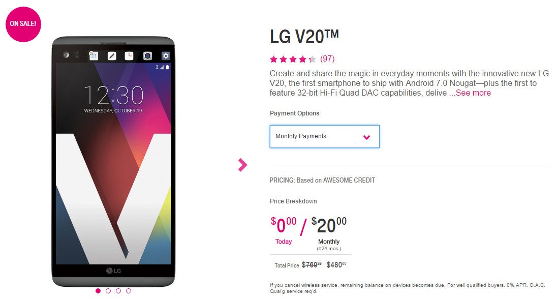 Deal: LG V20 sells for $480 ($290 off) at T-Mobile, either paid in full or through monthly payments