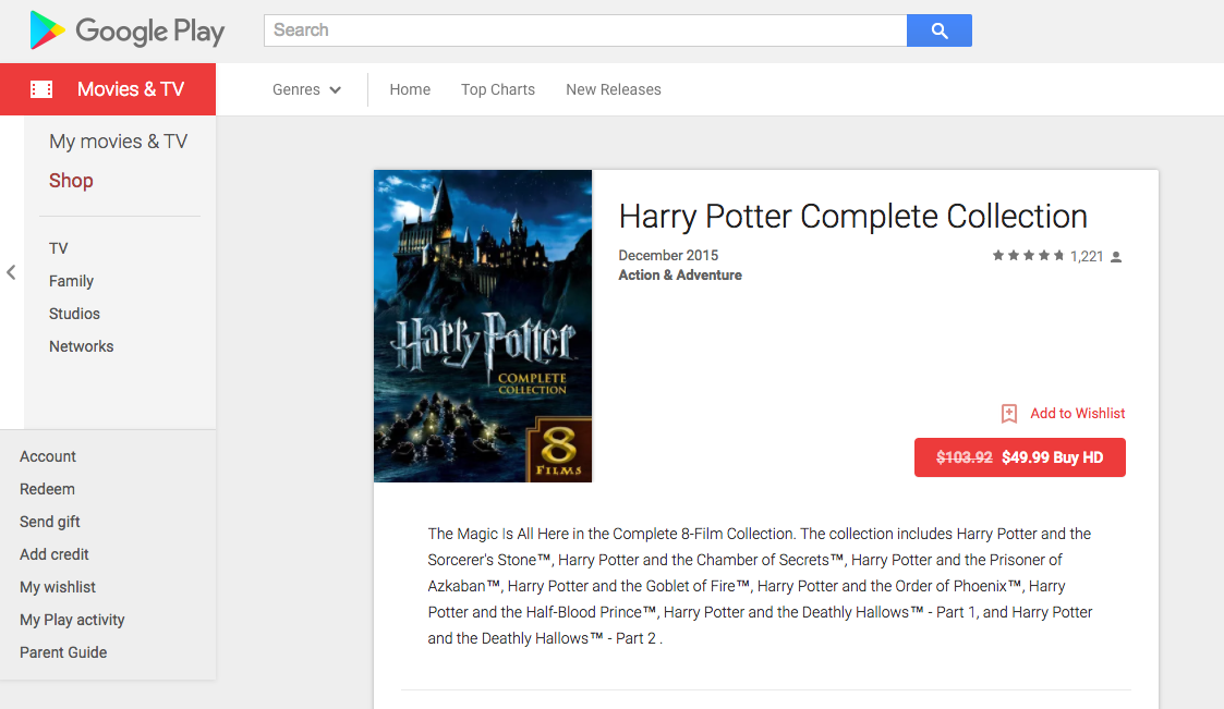 You&#039;re a wizard, Google! Grab the entire Harry Potter movie collection at 52% off from Google Play