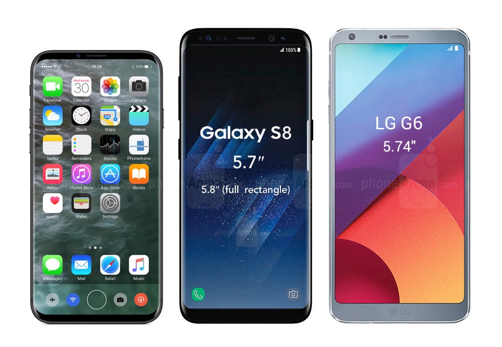 The Samsung Galaxy S8 and the LG G6 have displays that are almost identical in size (around 5.8 inches), but their execution is quite different. Further than that, S8's display is even taller than the already tall FullVision display of the LG G6 - What the Galaxy S8/S8+ and the LG G6 may look like next to an almost bezel-less iPhone 8