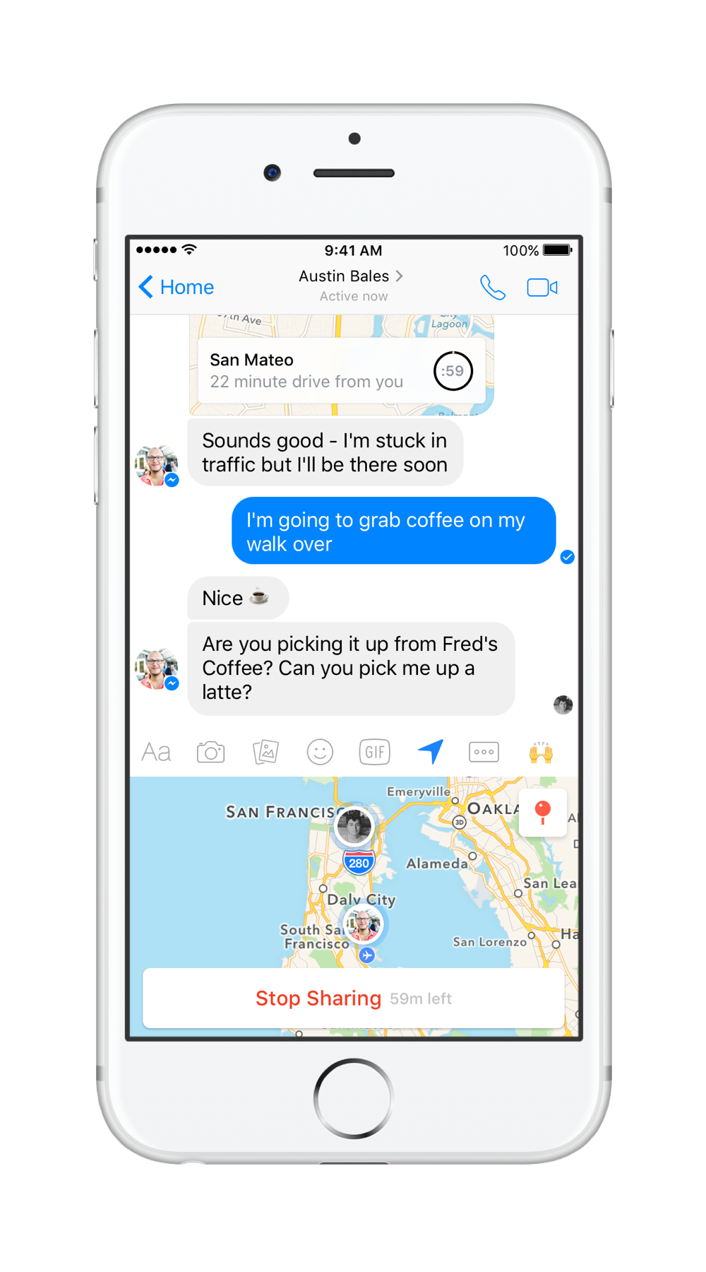 Live Location will allow you to share your position on a map in real time, for up to 60 minutes - Share your location on a real time map with Facebook Messenger's Live Location