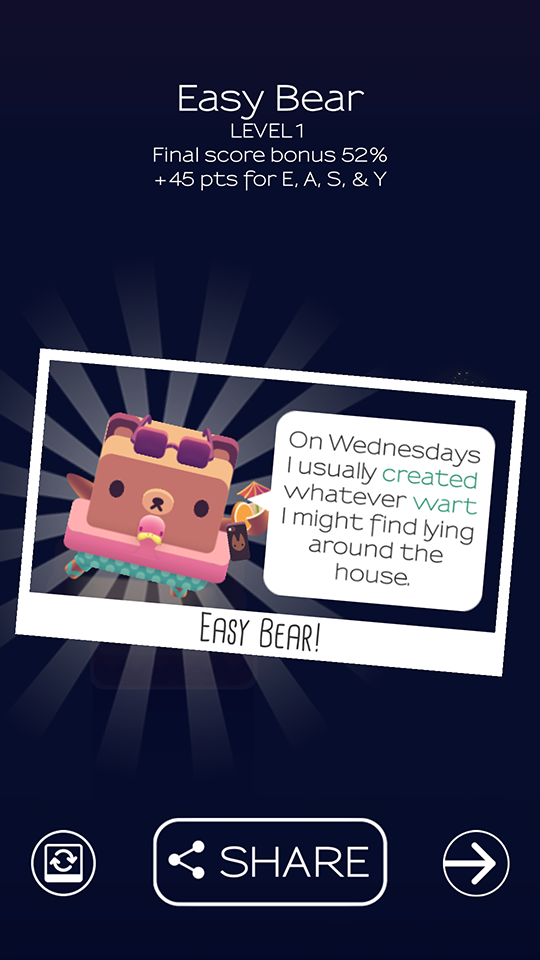 At the end of each level players are rewarded with a cute non-sequitur constructed with their words - Alphabear is the rare word game that is actually fun