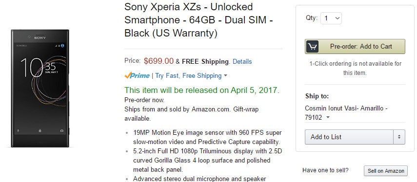 Sony Xperia XZs Dual up for pre-order in the US for $699, ships on April 5