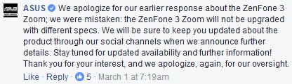 US-bound Asus ZenFone 3 Zoom won't have upgraded specs after all