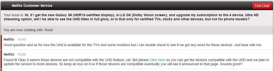 Netflix: sorry, our UHD streams don't support the Galaxy S8 or LG G6 HDR displays for now