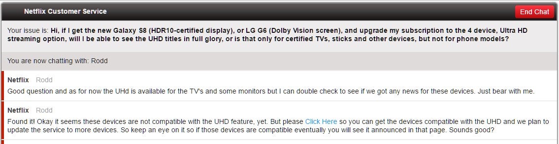 Netflix: sorry, our UHD streams don't support the Galaxy S8 or LG G6 HDR displays for now
