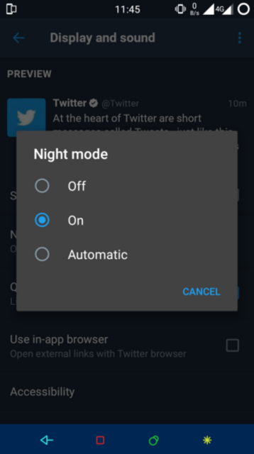 Automatic night mode turns the feature on automatically at sunset, and off at sunrise - Automatic night mode is being tested for the Android version of Twitter - Twitter is beta testing an automatic night mode feature for Android users