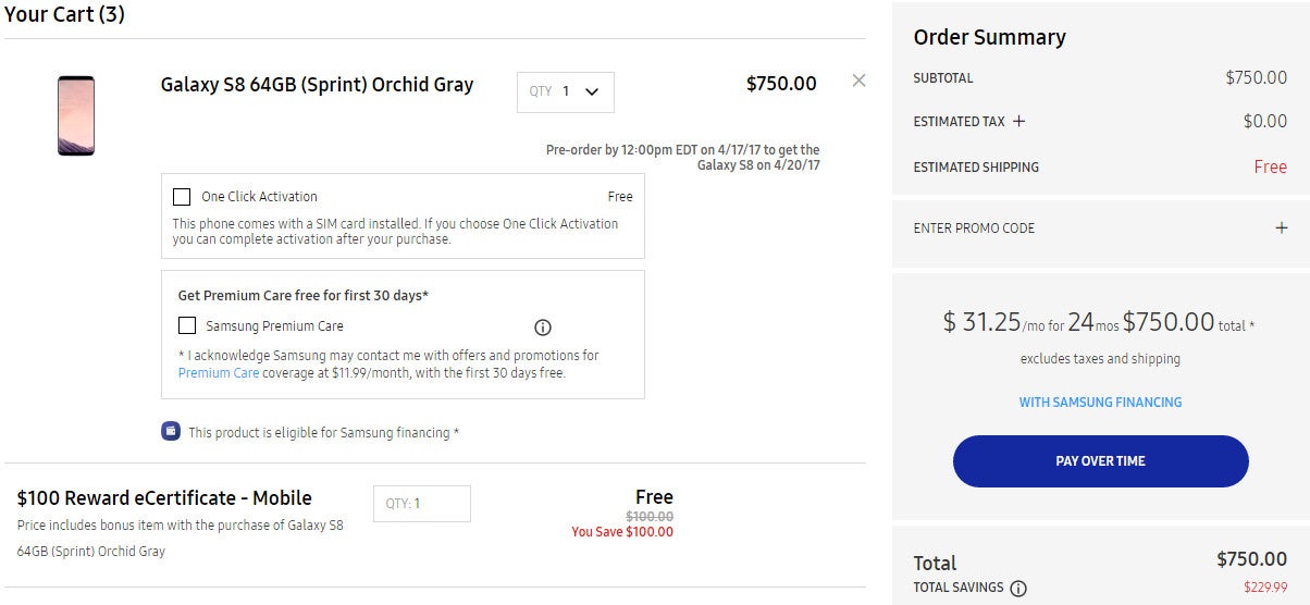Sprint Galaxy S8 and S8+ pre-orders come with $100 reward eCertificate from Samsung