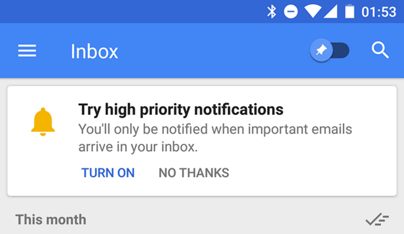 The new high priority email feature could arrive via an OTA update or by a server-side update - Google's Inbox adds new feature that disables notifications except for "high priority" email