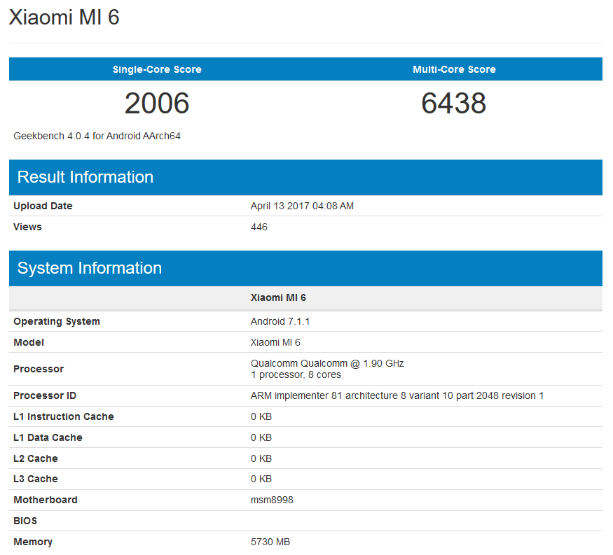 The Xiaomi Mi 6 outscores the Samsung Galaxy S8 on Geekbench - Xiaomi Mi 6, with 6GB of RAM, tops the Samsung Galaxy S8 and Galaxy S8+ on benchmark test