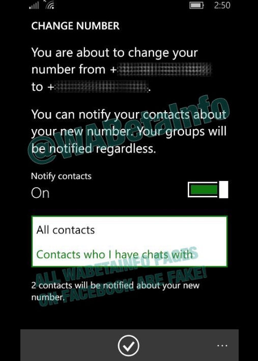 New feature for the WhatsApp Beta app allows users to send their new phone number to all contacts - WhatsApp Beta for Windows Phone tests new feature that alerts contacts to your new number