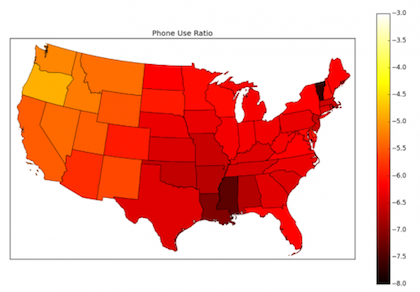 Image credit of NSC. Darker areas indicate higher &quot;distraction&quot; coefficients while driving - Smartphone use reverses 40 years of car accidents decline