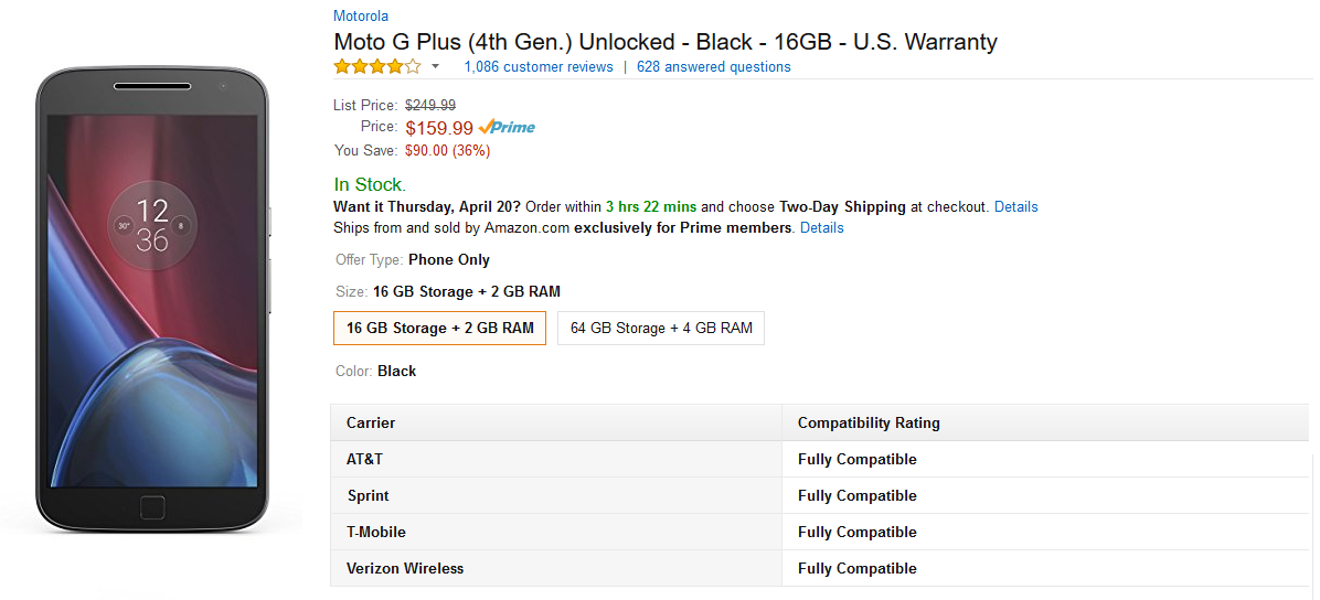 The 16GB unlocked Moto G4 is $90 off at Amazon - Save $90 or 36% on the 16GB Moto G4 Plus from Amazon