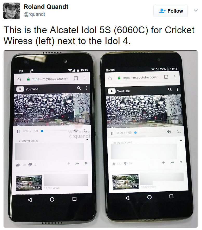 The Alcatel Idol 5S looks very much like last year's Alcatel Idol 4 - This month's Alcatel Idol 5S leak shows the handset compared with last year's Idol 4