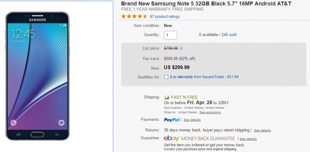 Deal: Samsung Galaxy Note 5 on sale for just $299.99 on eBay