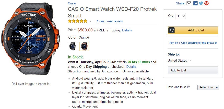 Casio Pro Trek F20 smartwatch with Android Wear 2.0 hits the shelves for $500
