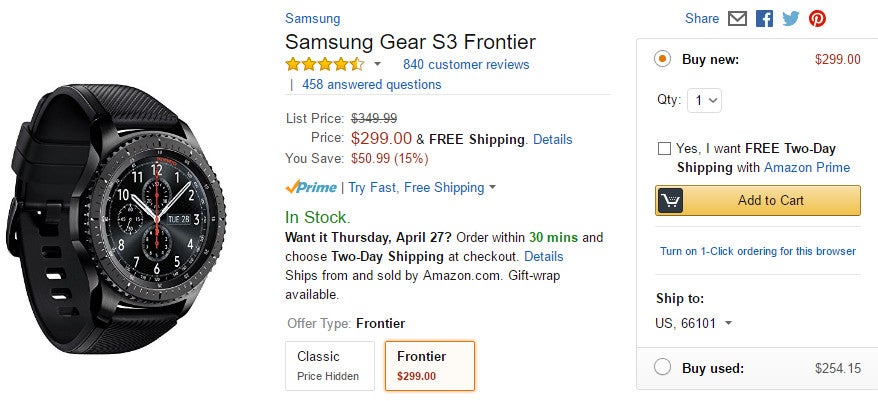 Deal: Samsung Gear S3 Frontier is $50 off at Amazon
