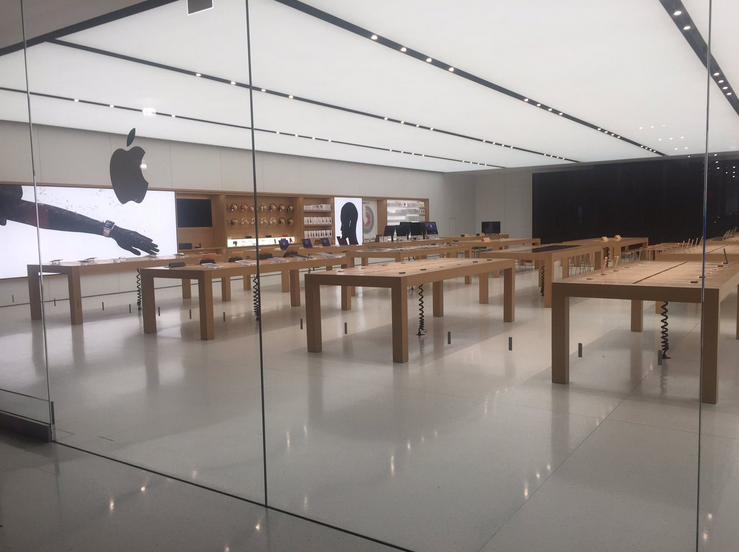 The tables are empty at the Corte Madera Apple Store after it was robbed yesterday for the second time in six months - Apple Store in Corte Madera mall is robbed for the second time in six-months