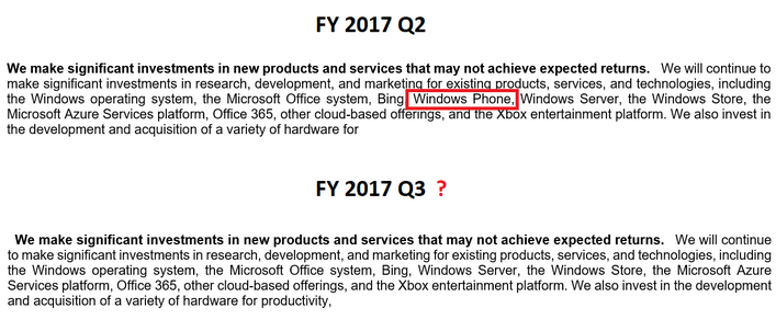 Windows Phone was listed in the previous quarterly 10Q (on top) as a product line that Microsoft is making investments in. The latest 10Q doesn't include Windows Phone - Microsoft's SEC filing confirms that Windows Phone is dead
