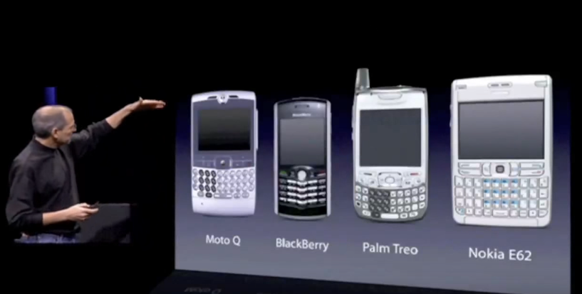 Steve Jobs introduces the usual suspects on January 9th, 2007. The Motorola Q is first on the left - One of Steve Jobs' usual suspects on January 9th 2007 was the Motorola Q