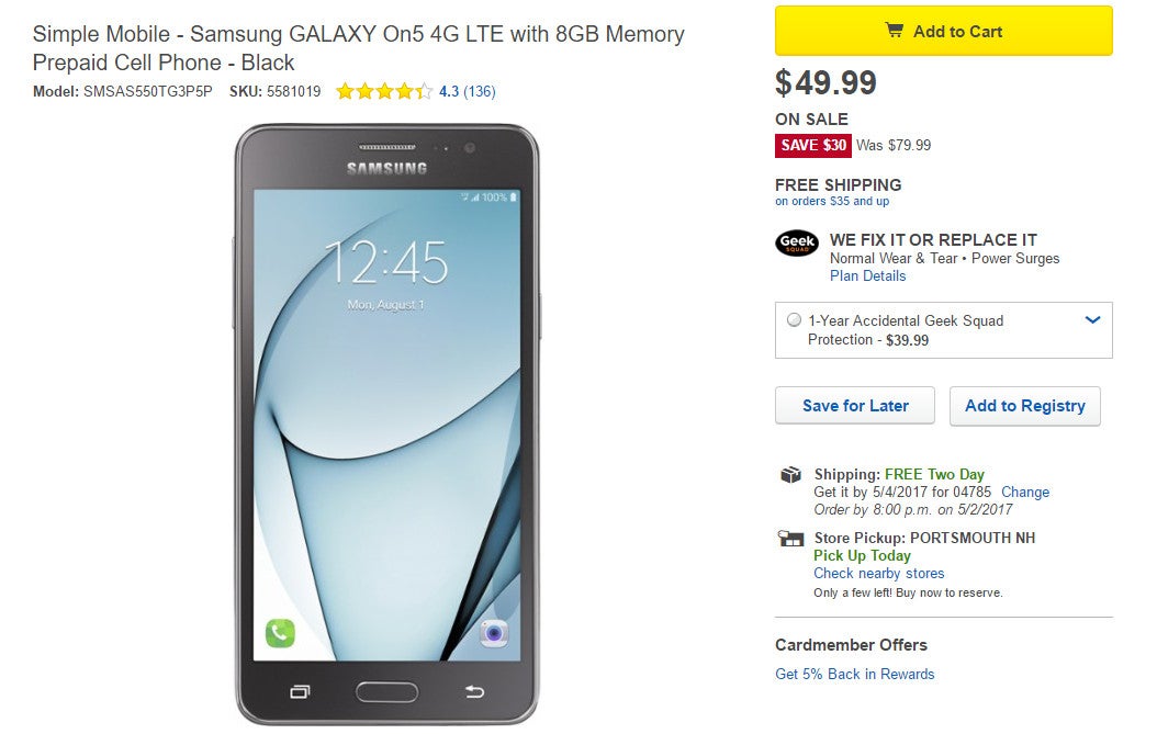 Samsung galaxy best sale on5 4g lte