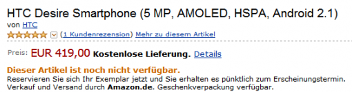 HTC Desire on sale at Amazon in Germany