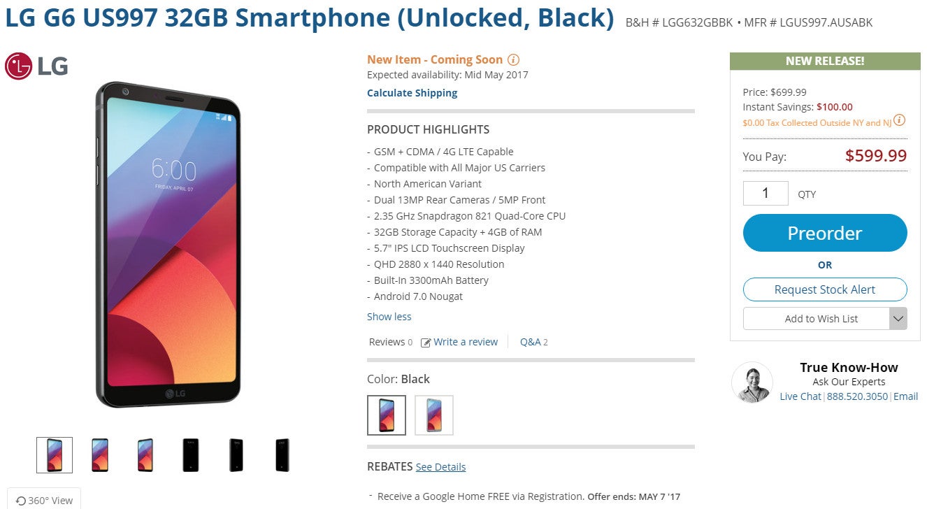 Deal: Pre-order an unlocked LG G6 via B&H and get a free Google Home