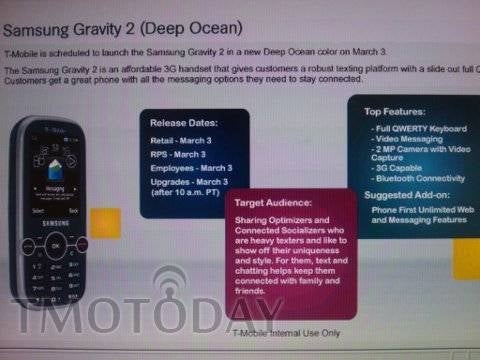 T-Mobile plans on releasing the Samsung Gravity 2 in Deep Ocean on March 3?