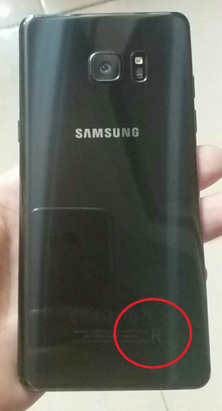 The R (circled) means that the phone pictured is the refurbished Samsung Galaxy Note 7R - Samsung Galaxy Note 7R is listed for sale in China