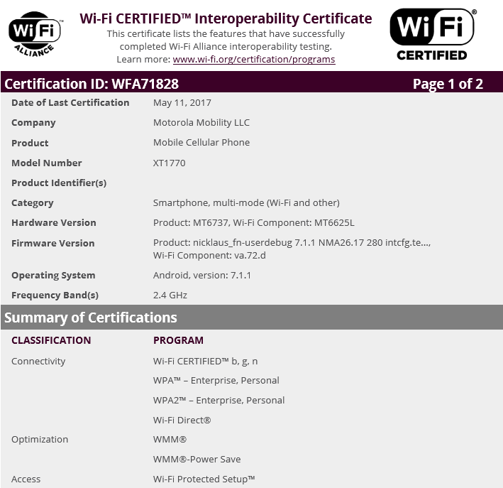 The XT1772 receives its Wi-Fi certification from the Wi-Fi Alliance. That was one of seven Moto models that received its certification today - Seven Moto devices receive their Wi-Fi certification; all seven are powered by the MT6737 SoC