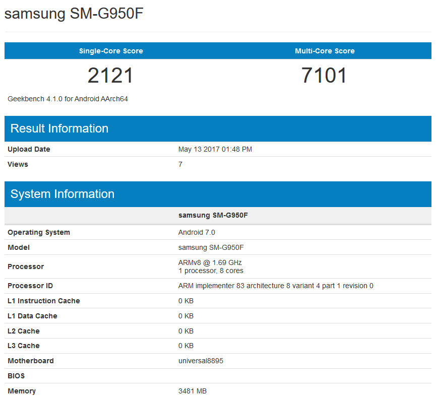 Samsung Galaxy S8 tops 7000 on the Geekbench multi-score results - Samsung Galaxy S8 powered by the Exynos 8895 SoC, breaks the 7000 ceiling at Geekbench for multi-core score