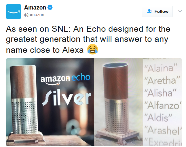 Amazon responds to SNL&#039;s mock Amazon Echo ad - Check out SNL&#039;s hilarious ad for the Amazon Echo &quot;Silver&quot;; it&#039;s the smart speaker for the elderly