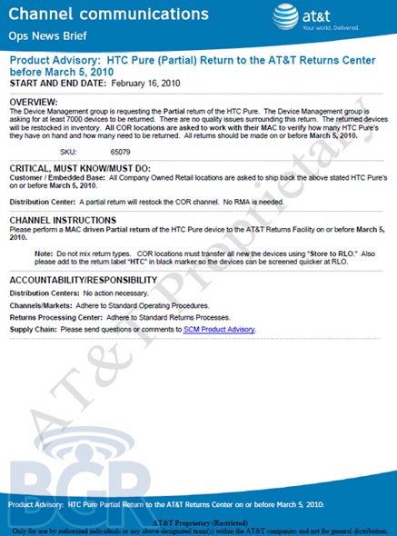 HTC Pure not selling for AT&amp;T; phone has been reallocated?