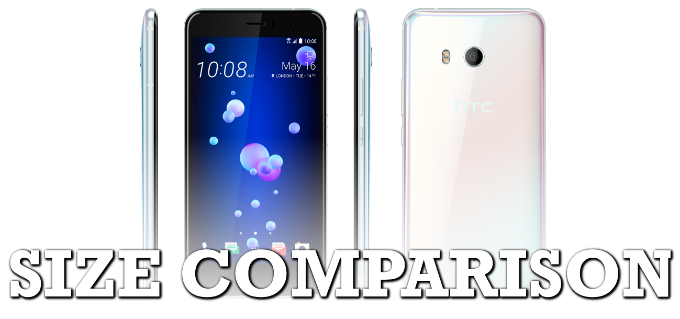 HTC U11 size comparison versus the Galaxy S8, S8+, LG G6, iPhone 7, OnePlus 3T, and Sony XZ Premium