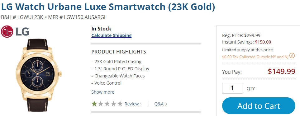 Deal: The gold-plated LG Watch Urbane Luxe is just $150 (50% off) on B&amp;H