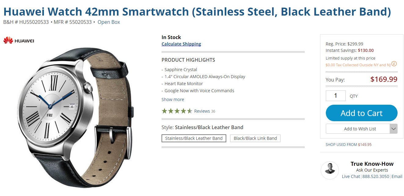 Deal: Huawei Watch is on sale for $130 off (43%) on B&H