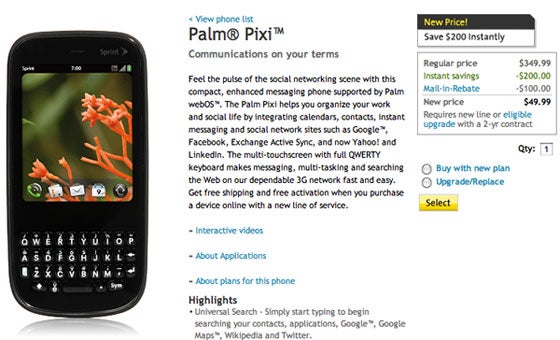 Sprint quietly lowers the price of the Palm Pixi to $49.99