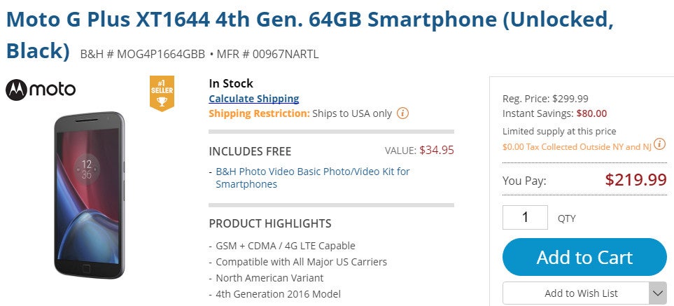 Save $40 (15%) on the 64GB Moto G4 Plus from B&H, free photo/video kit included